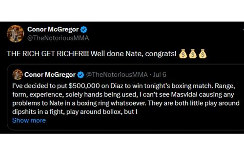 McGregor's tweet reacting to Diaz's win [Image courtesy: @TheNotoriousMMA - X]