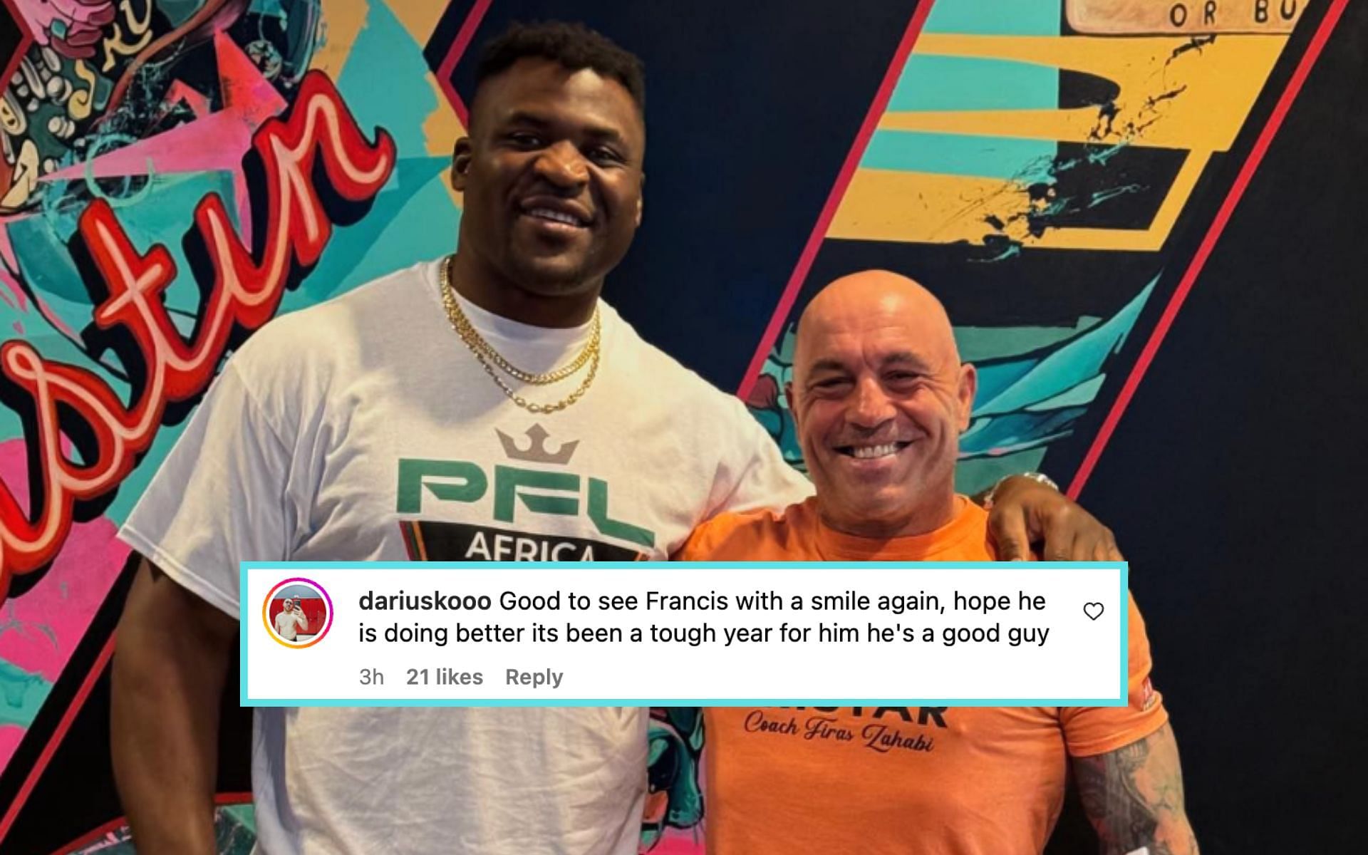 Fans react to Joe Rogan (right) sharing a picture with Francis Ngannou (left). [Image courtesy: @joerogan on Instagram]