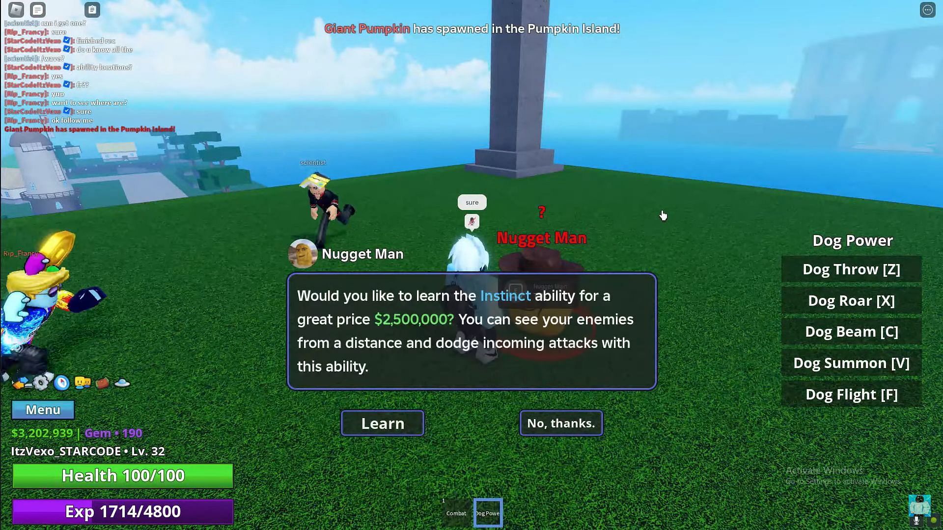 Purchasing the Instinct ability (Image via Roblox || ItzVexo on YouTube)