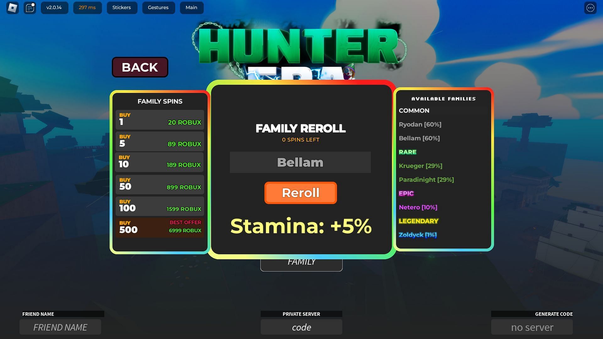 Family Reroll screen (Image via Roblox)