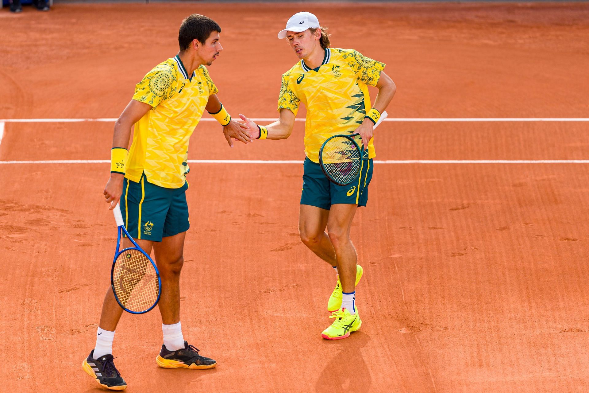 Alex de Minaur (R) with Alexei Popyrin (L) in men's doubles action at the Paris Olympics (Source: Getty)