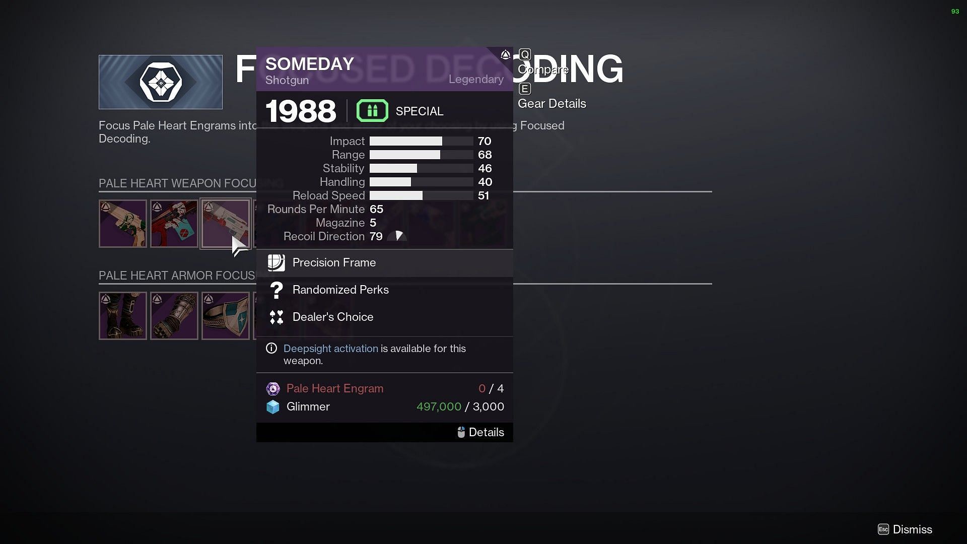 Someday Shotgun in Ghost&#039;s Focused Decoding section in Destiny 2 (Image via Bungie)