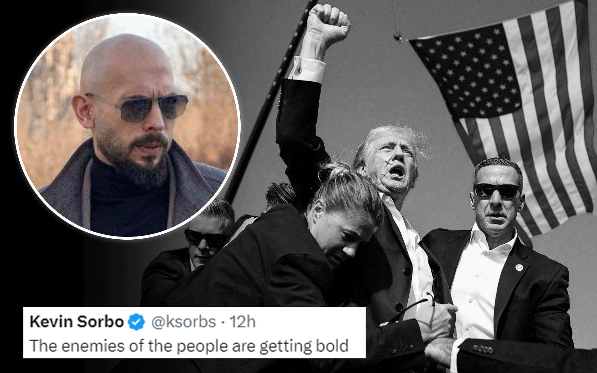 Andrew Tate (inset) speculates Donald Trump (right) shooting as an inside job [Images courtesy @Cobratate and @DonaldJTrumpJr on X]