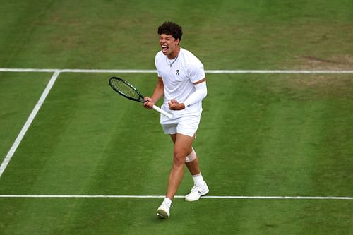 Ben Shelton in action during his first-round encounter at the 2024 Wimbledon Championships.