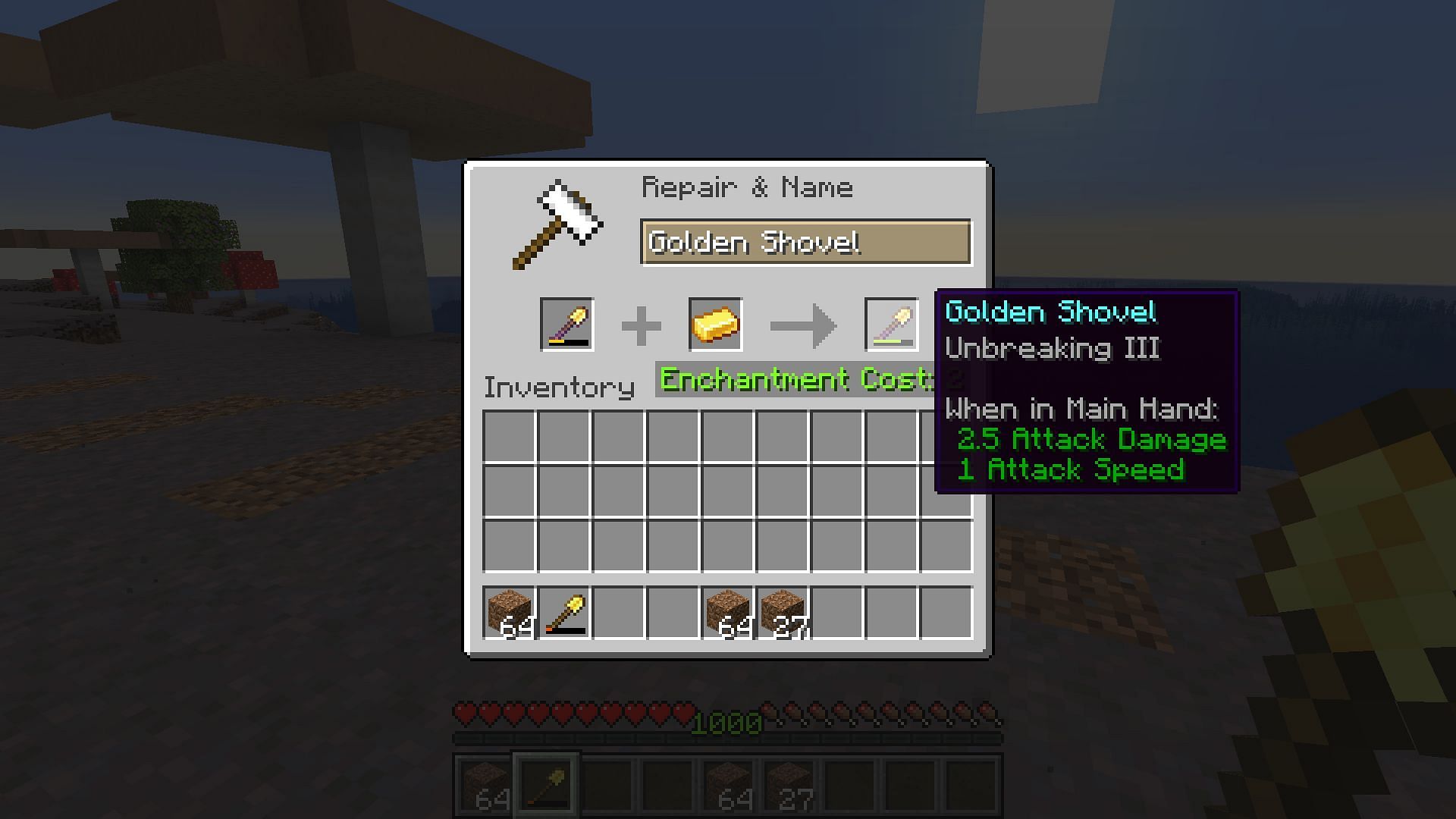 Using an anvil to repair a gold shovel (Image via Mojang)