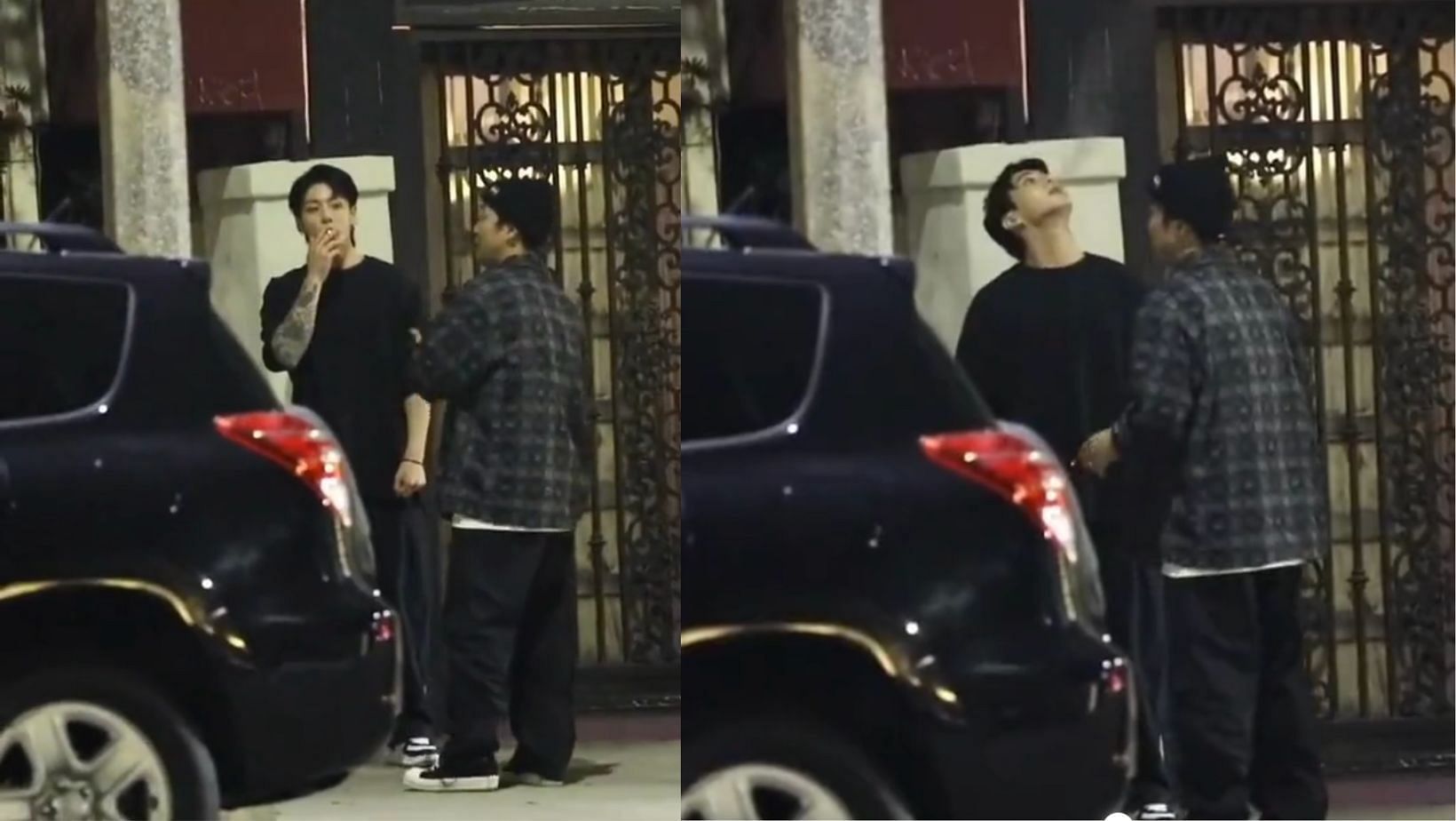 BTS Jungkook smoking outside a restaurant in California. (Images via X/@Millie6181)