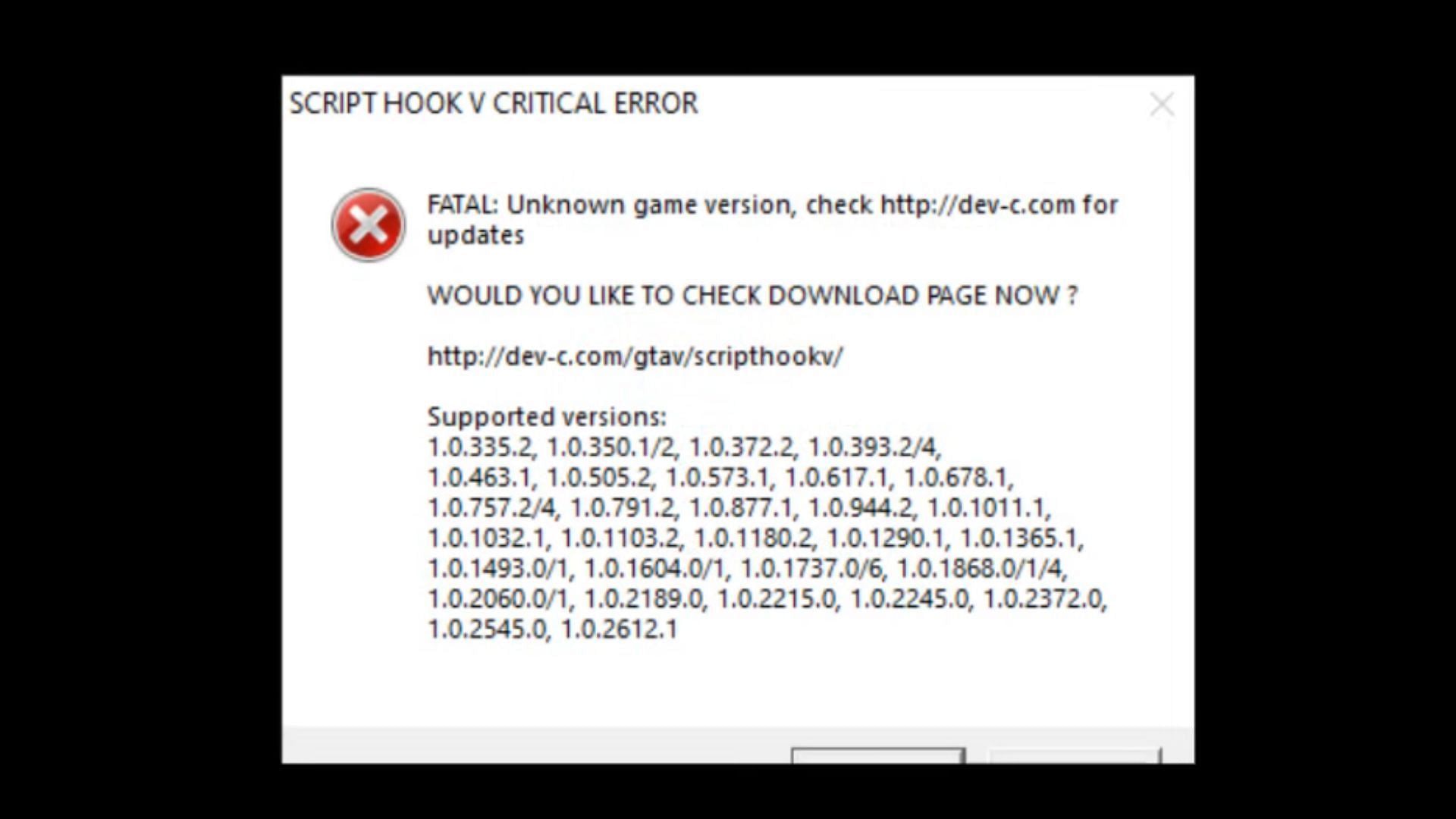 A Script Hook V Critical Error notification (Image via YouTube/Geoffrey_Gamer)