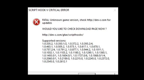 A Script Hook V Critical Error notification (Image via YouTube/Geoffrey_Gamer)