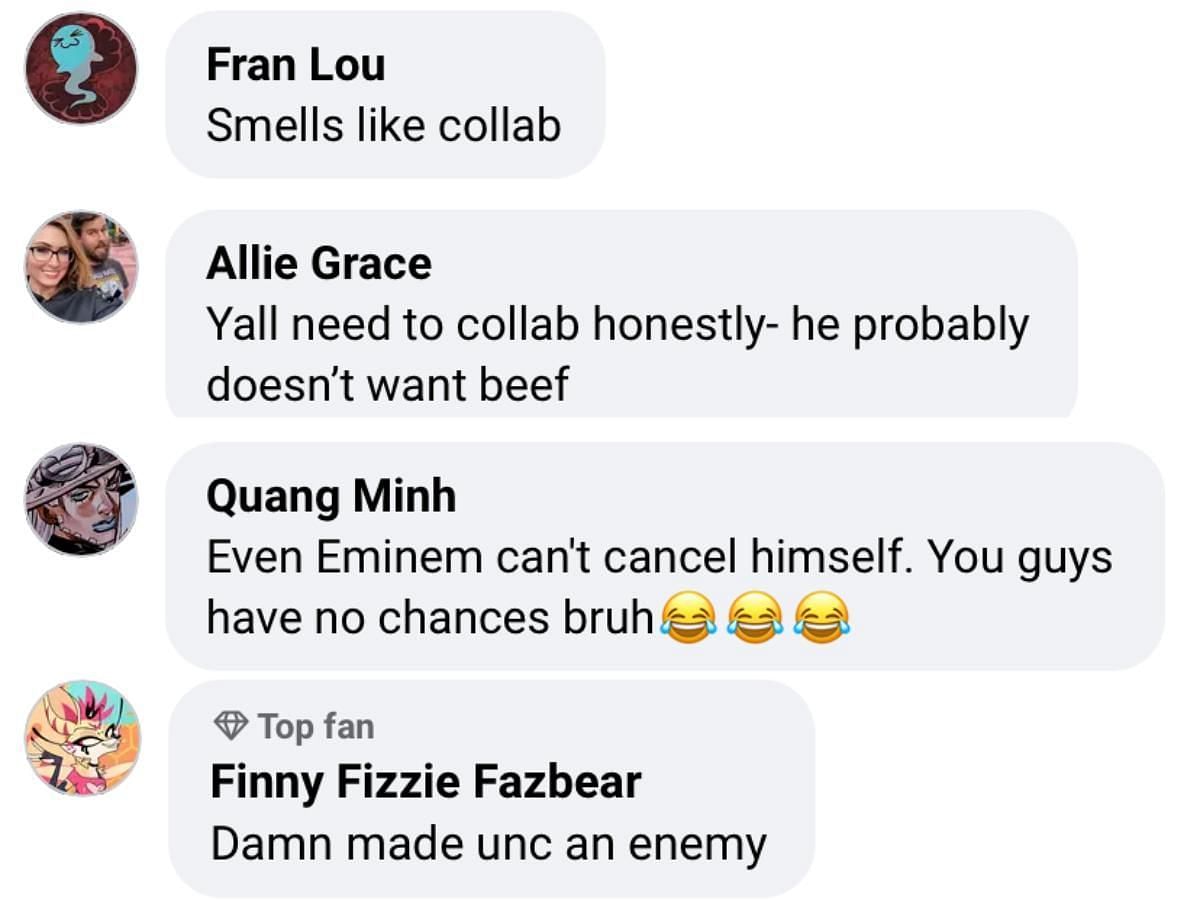 Fan reaction to Eminem responding to baby no money (Image via Facebook/@bbno$)