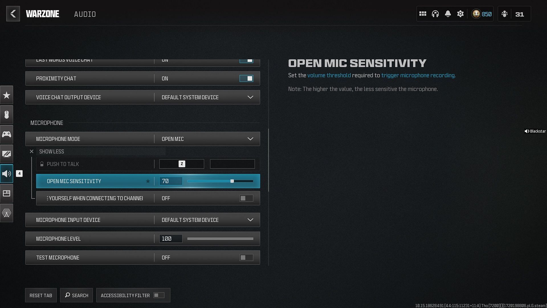 Tweaking the Open Mic Sensitivity settings in Warzone (Image via Activision)