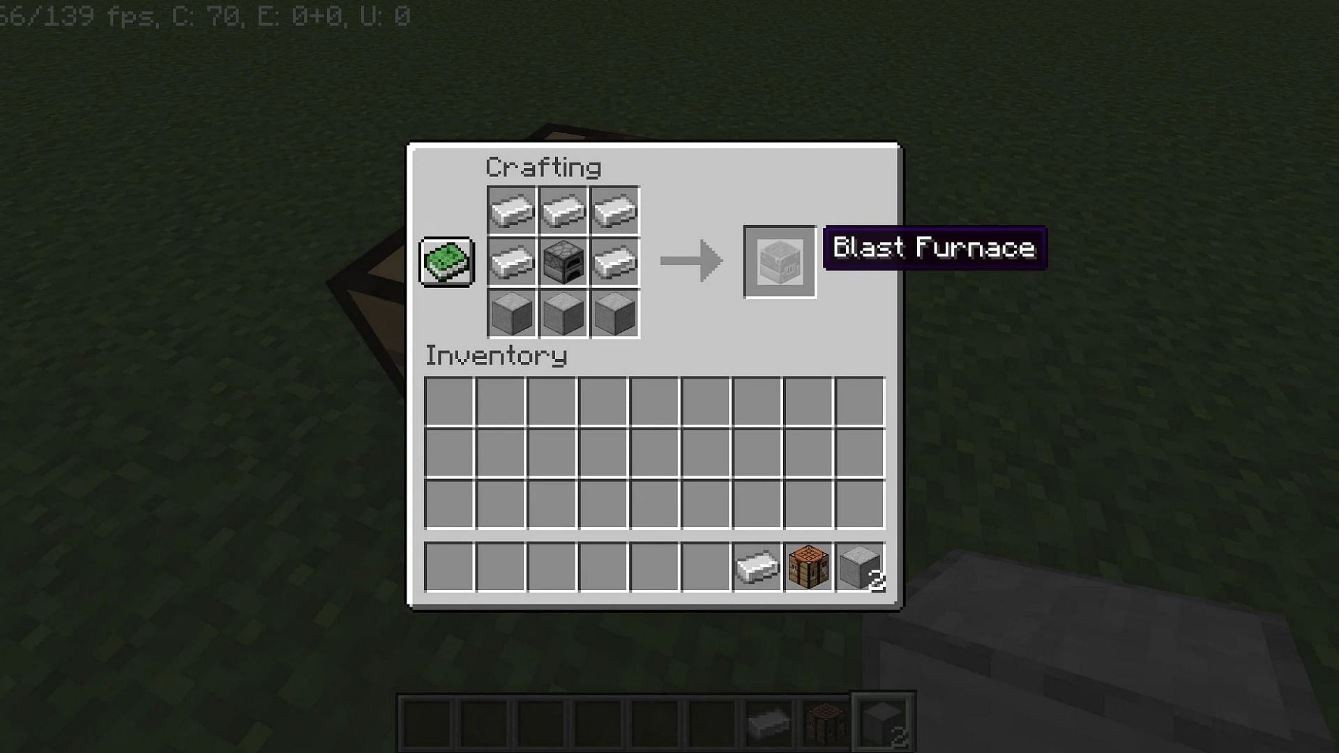 Crafting recipe for blast furnace (Image via Mojang Studios)