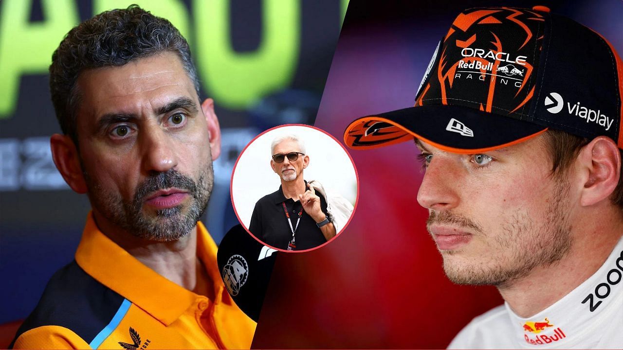 Andrea Stella looks on (L), Damon Hill (M), Max Verstappen (R) at the Austrian GP. Image Credit: All images from Getty