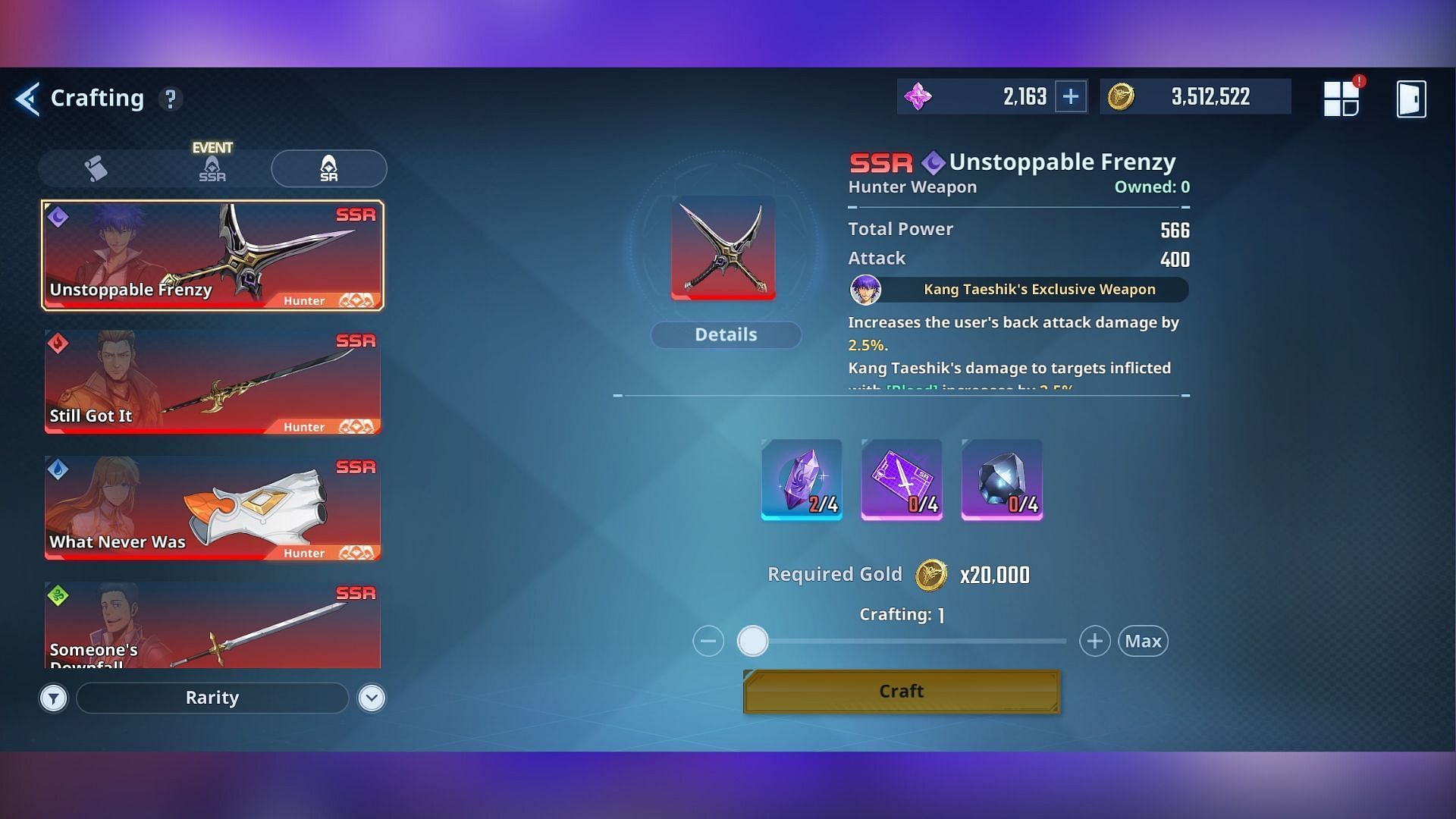 Players can craft SSR Exclusive Weapons of four SR Hunters. (Image via Netmarble)