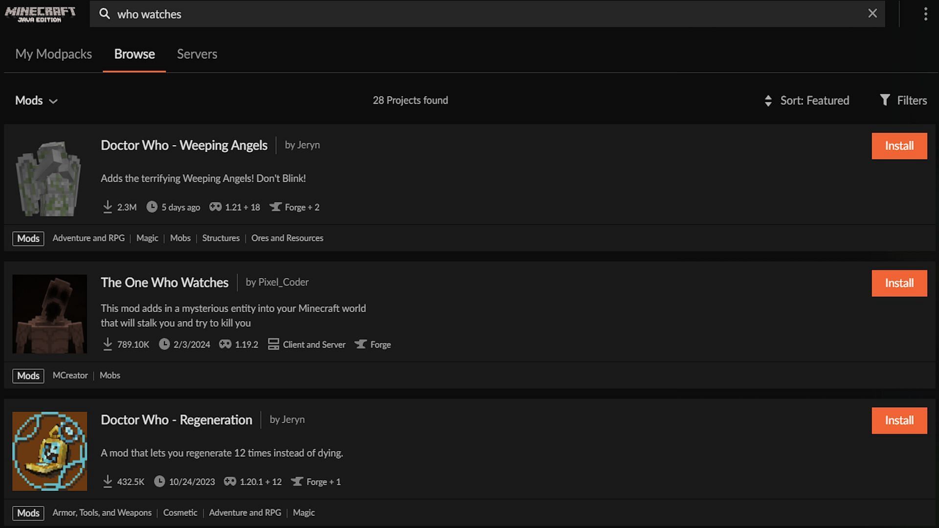 The One Who Watches in the mod search results (Image via CurseForge)
