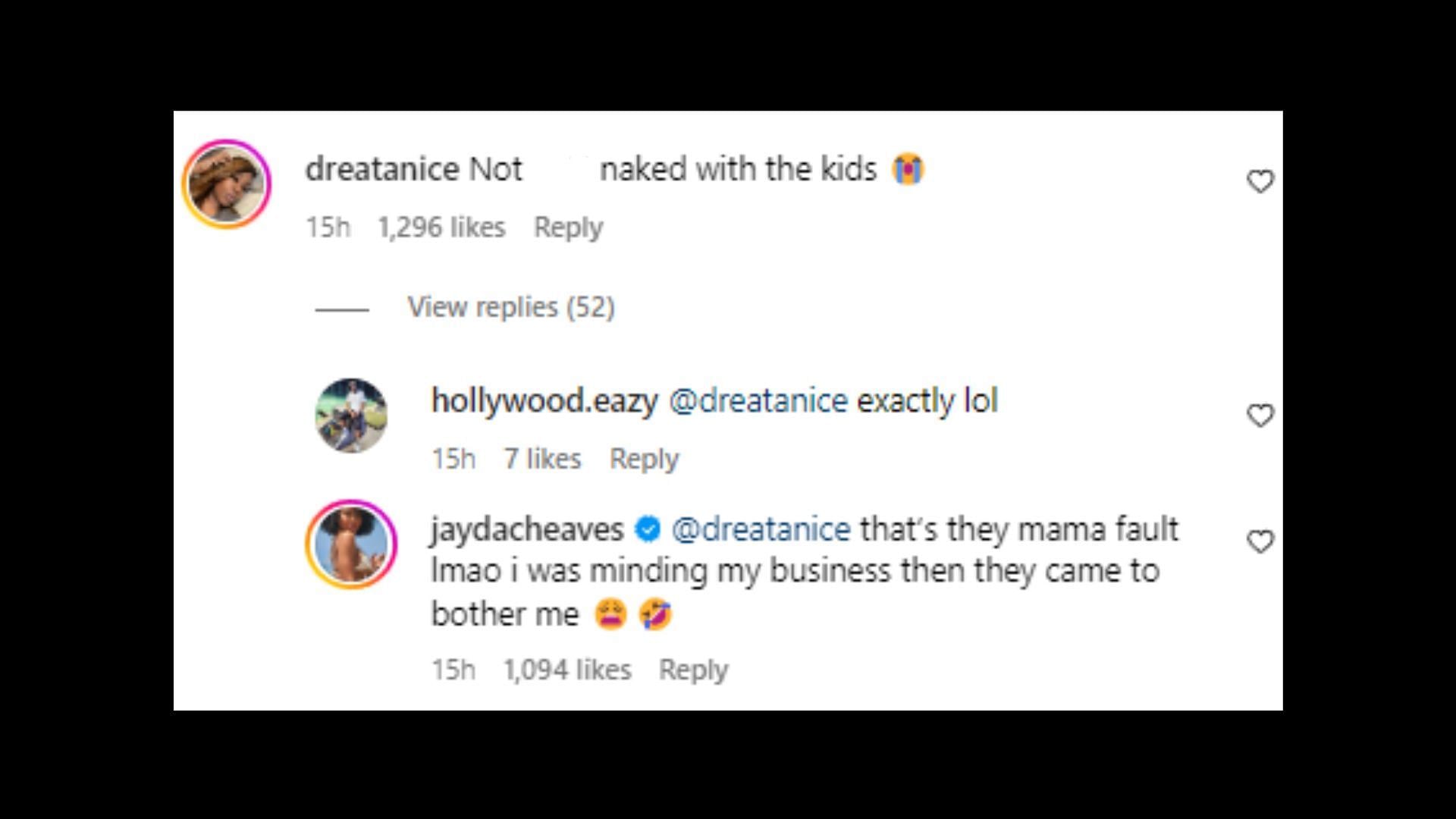 The comment and Jayda&#039;s reply (Image via Instagram/jaydacheaves)