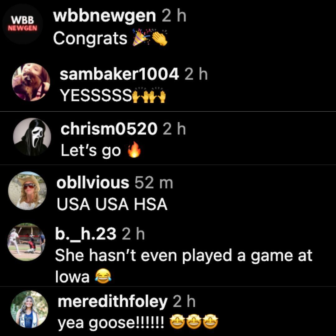 Fan reactions to Lucy Olsen&#039;s selection (Credit: Instagram/@iowawbb)