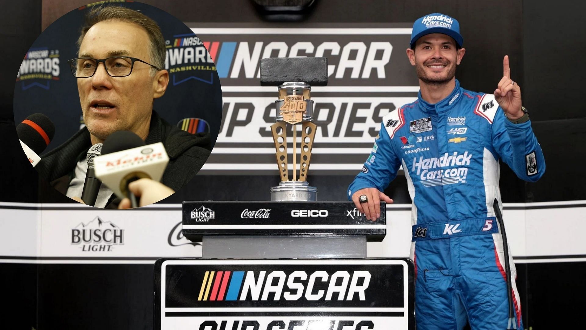 Kyle Larson celebrating at the victory lane at Indianapolis Motor Speedway after winning the 2024 NASCAR Cup Series Brickyard 400 race. Inset: Kevin Harvick (Source: Getty)