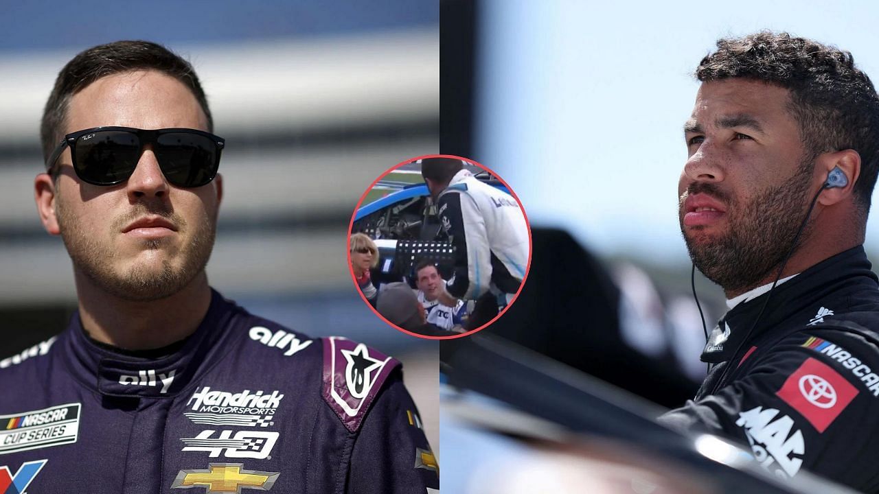 Alex Bowman looks on (L), Bubba Wallace (R). Image Courtesy: Getty. Bubba Wallace splashes water on Alex Bowman. Credit: YouTube.com/NASCAR 