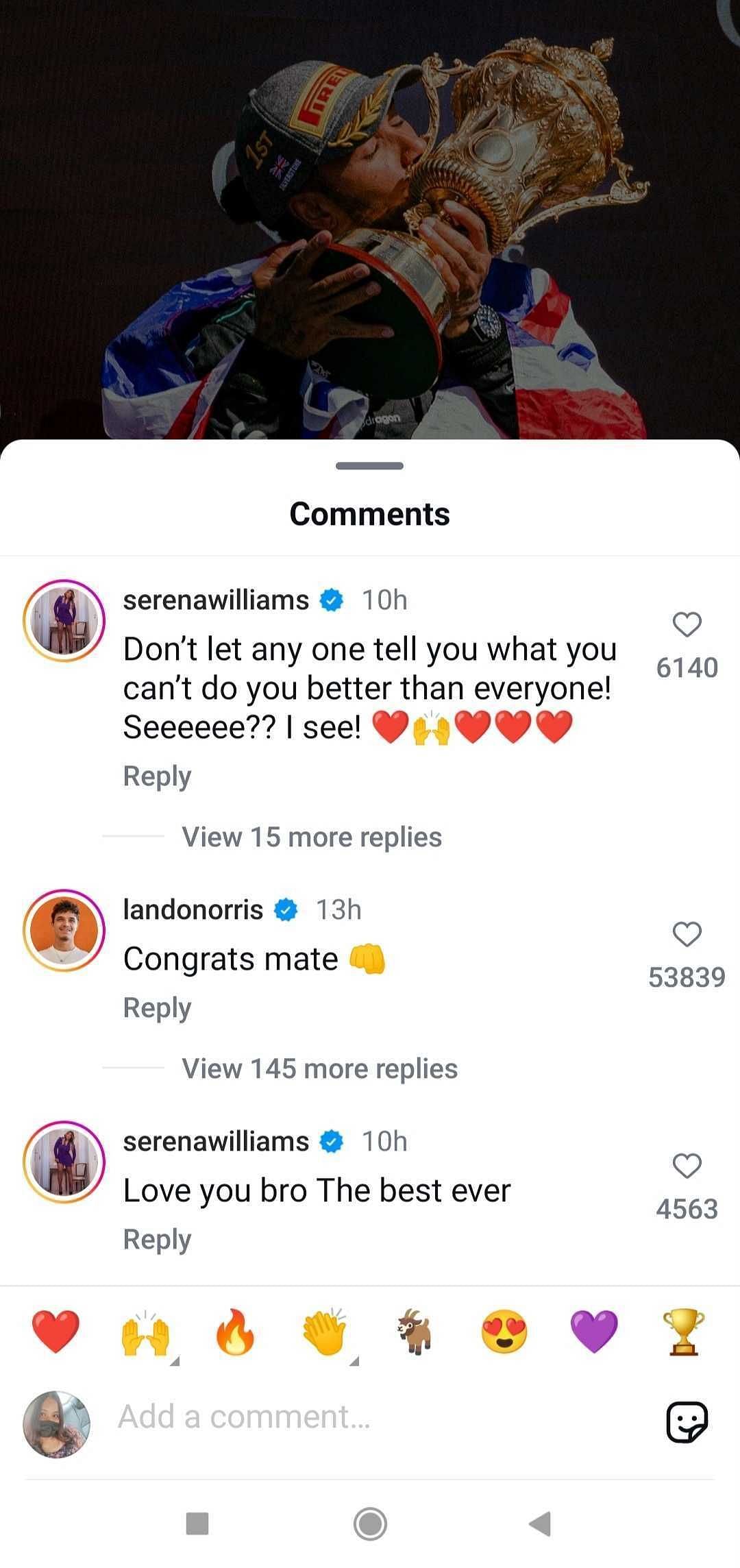 Serena Williams Instagram Comment on Lewis Hamilton&#039;s post