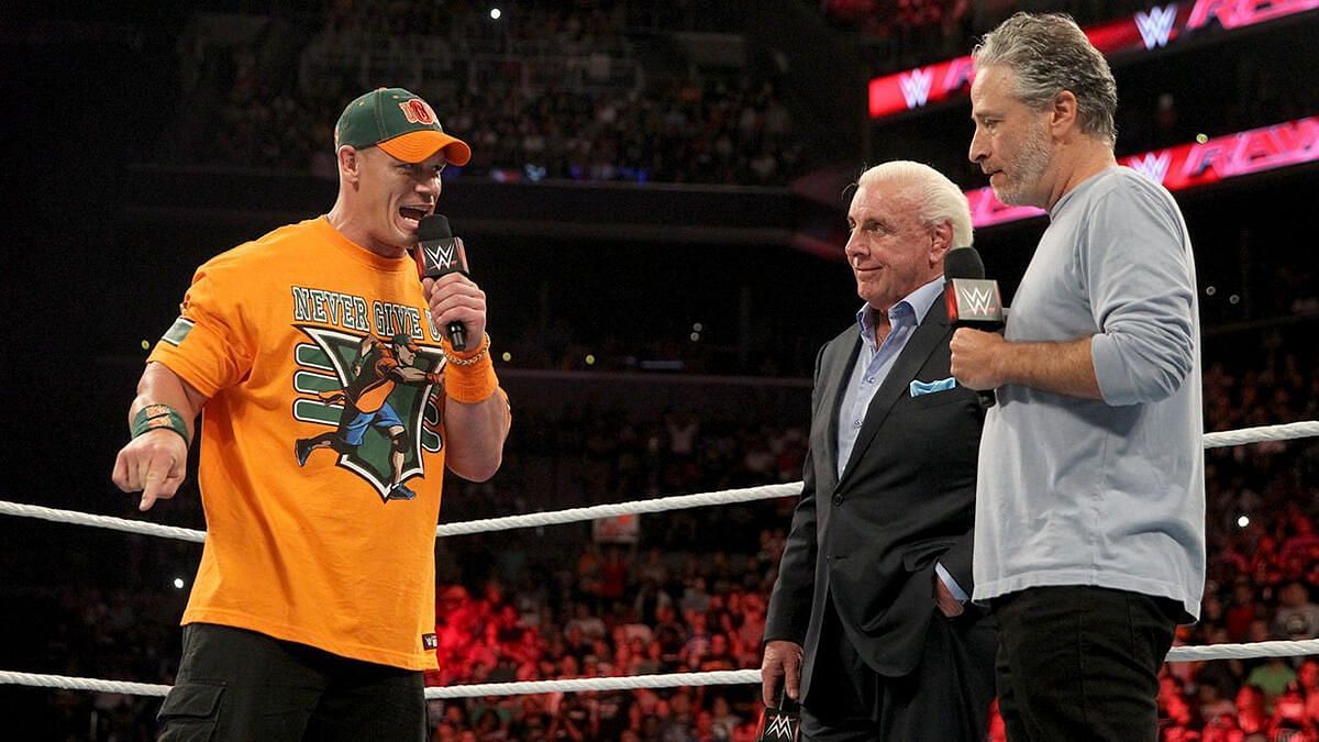 Cena&#039;s segment with Ric Flair and Jon Stewart after Summerslam 2015 (Credit: WWE.com)