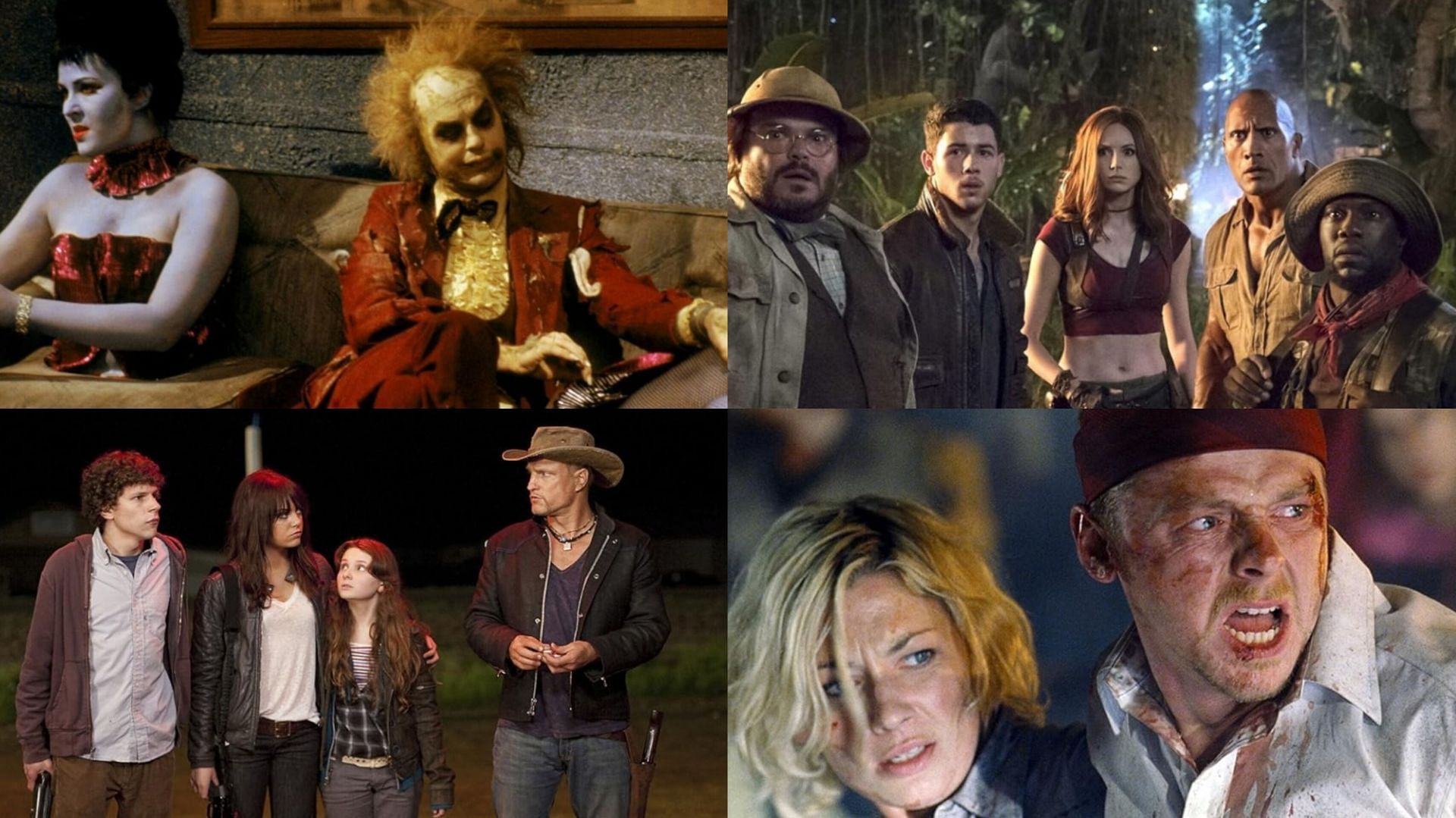 Stills from Beetlejuice, Zombieland, Jumanji: welcome to the jungle, and Shaun of the Dead