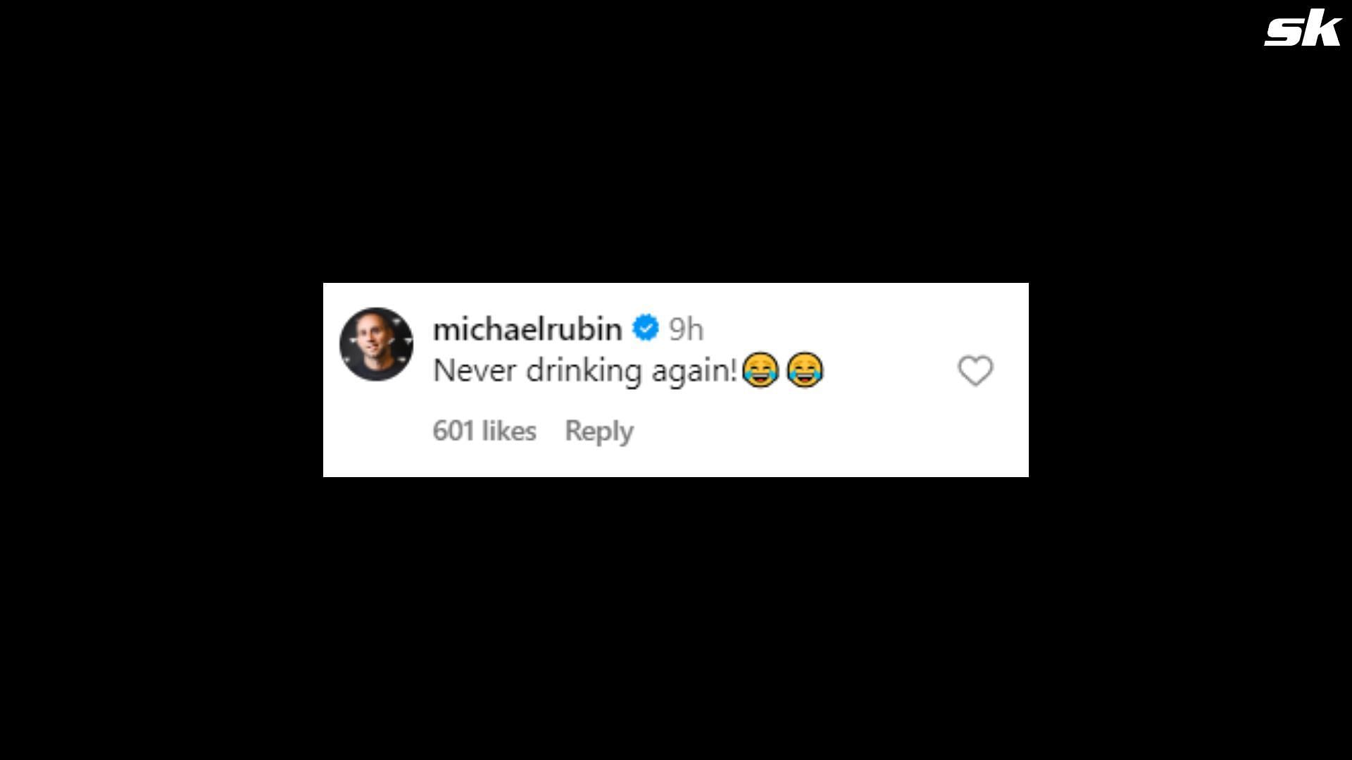 Screenshot of Michael Rubin&#039;s reply to Olivia Dunne&#039;s Instagram post