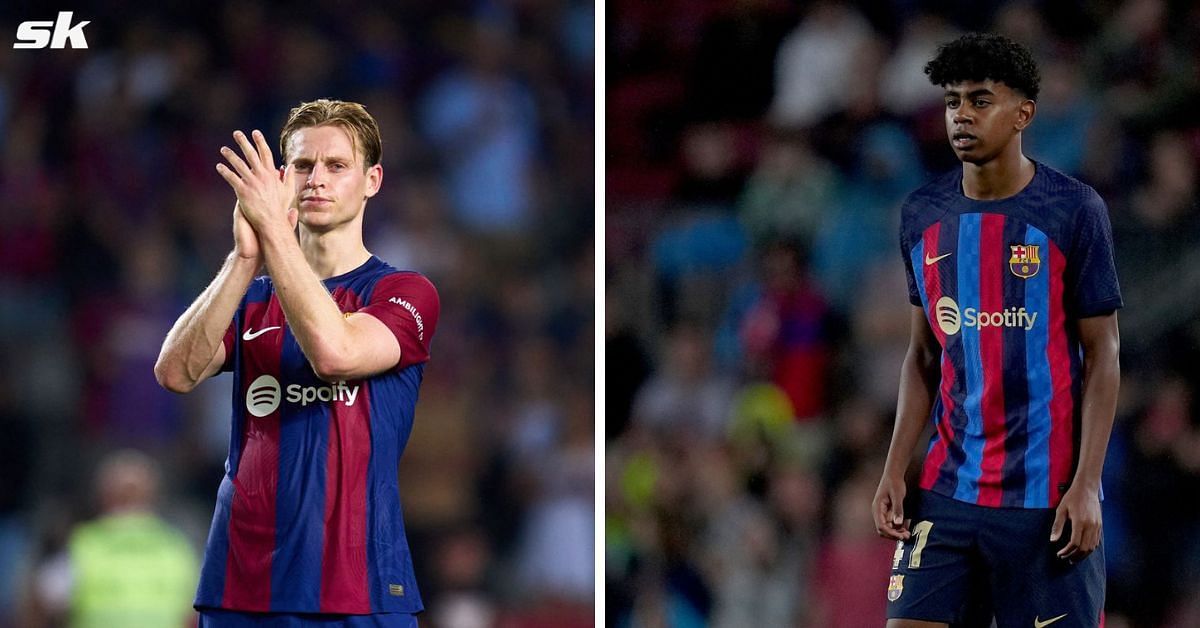 Barcelona players Frenkie de Jong (L) and Lamine Yamal