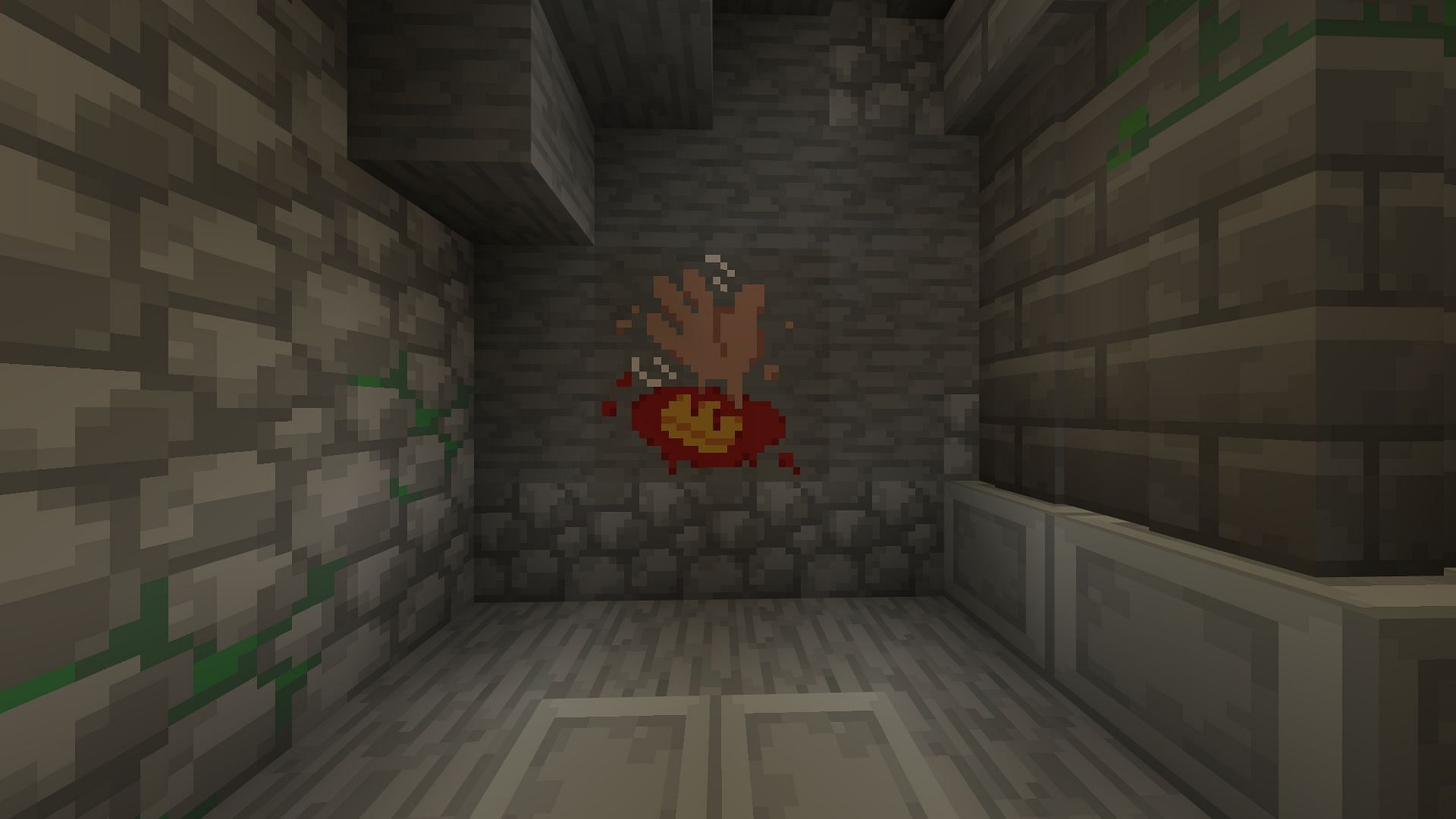 The first Minecraft Mystery Cave puzzle shows a waving hand over what appears to be a crown symbol (Image via Mojang)