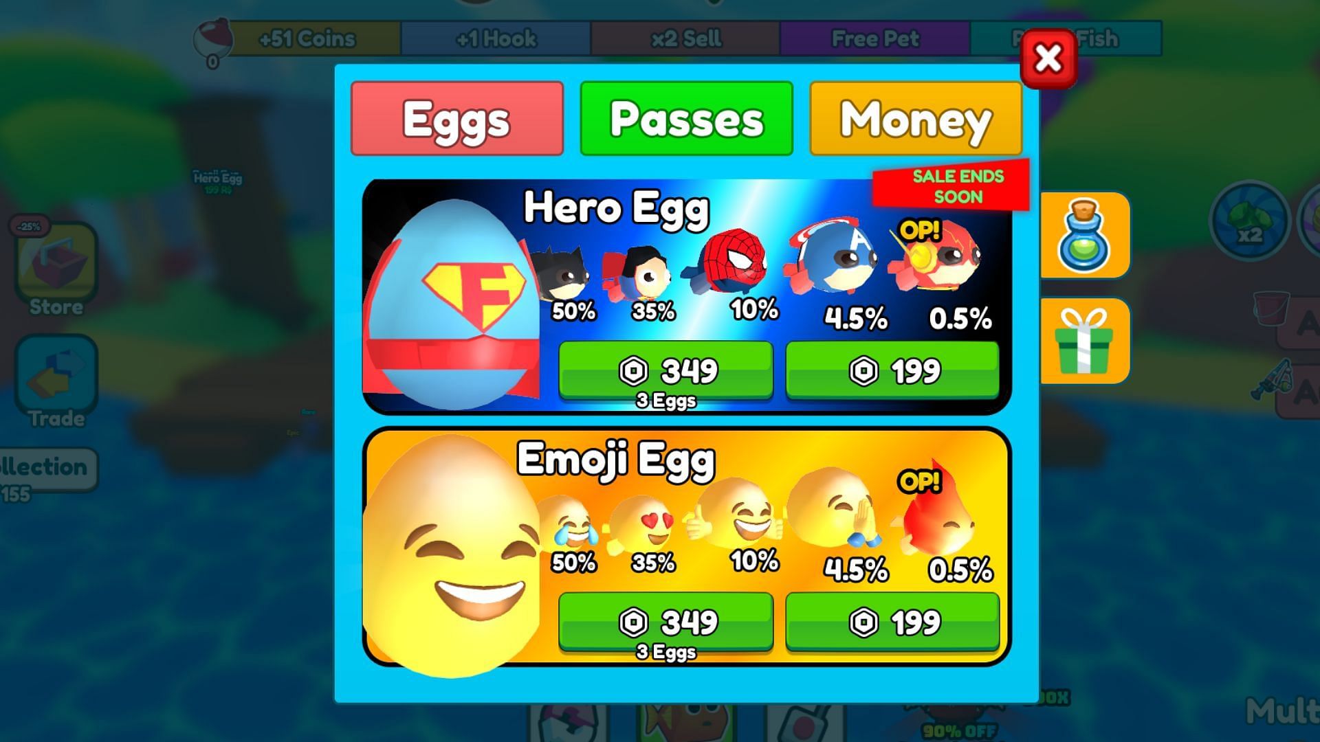 Buy Eggs, Passes &amp; Money in Ultimate Fishing Simulator (Image via Roblox)