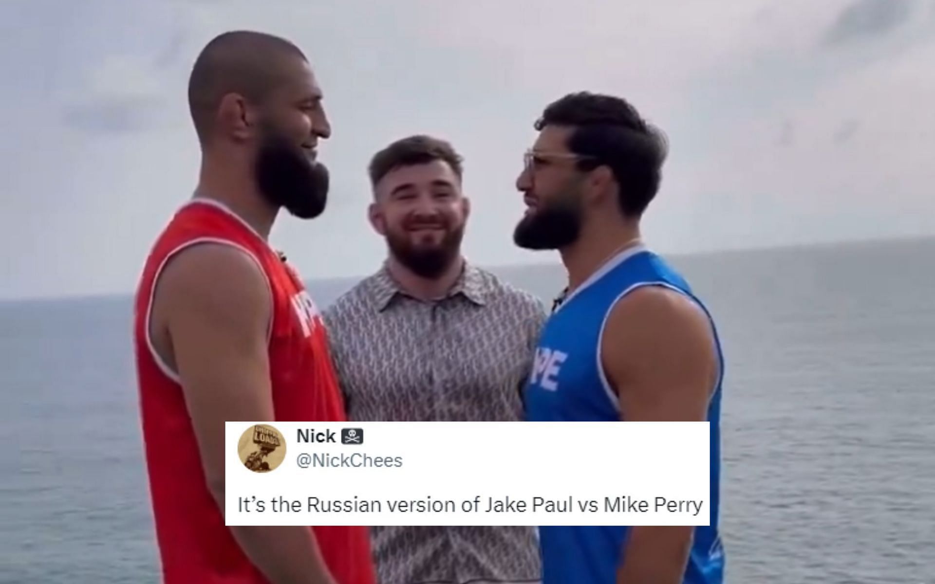 Khamzat Chimaev (left) and Arman Tsarukyan (right) faced off recently with many online drawing comparisons to Jake Paul vs. Mike Perry [Image Courtesy: @ChampRDS on X]