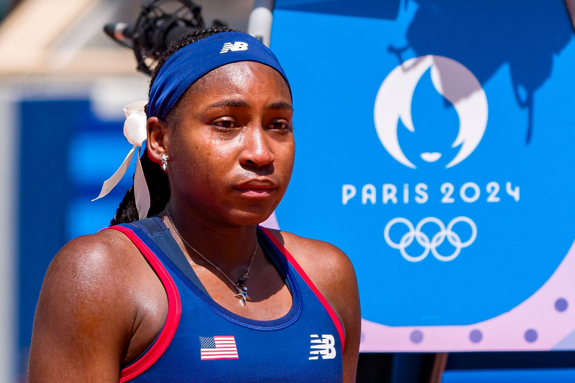 Coco Gauff pictured in tears after an argument with the chair umpire at the Paris Olympics 2024 | Getty