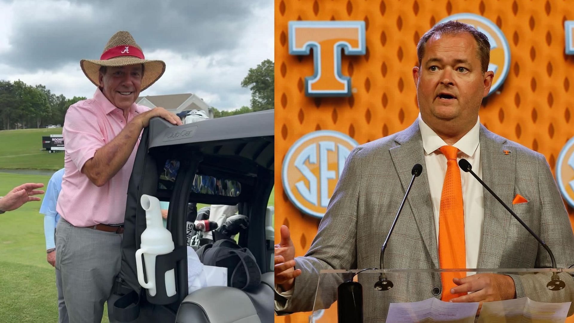 Retired coach Nick Saban and Tennessee coach Josh Heupel