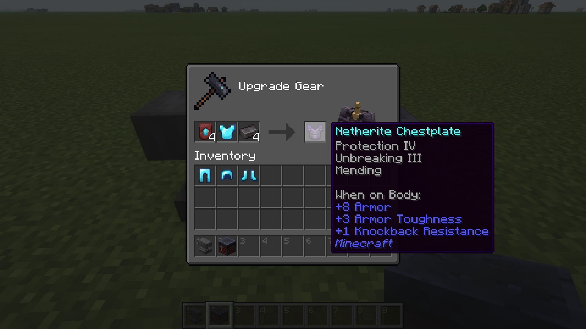 Upgrading the enchanted diamond armor to netherite (Image via Mojang)