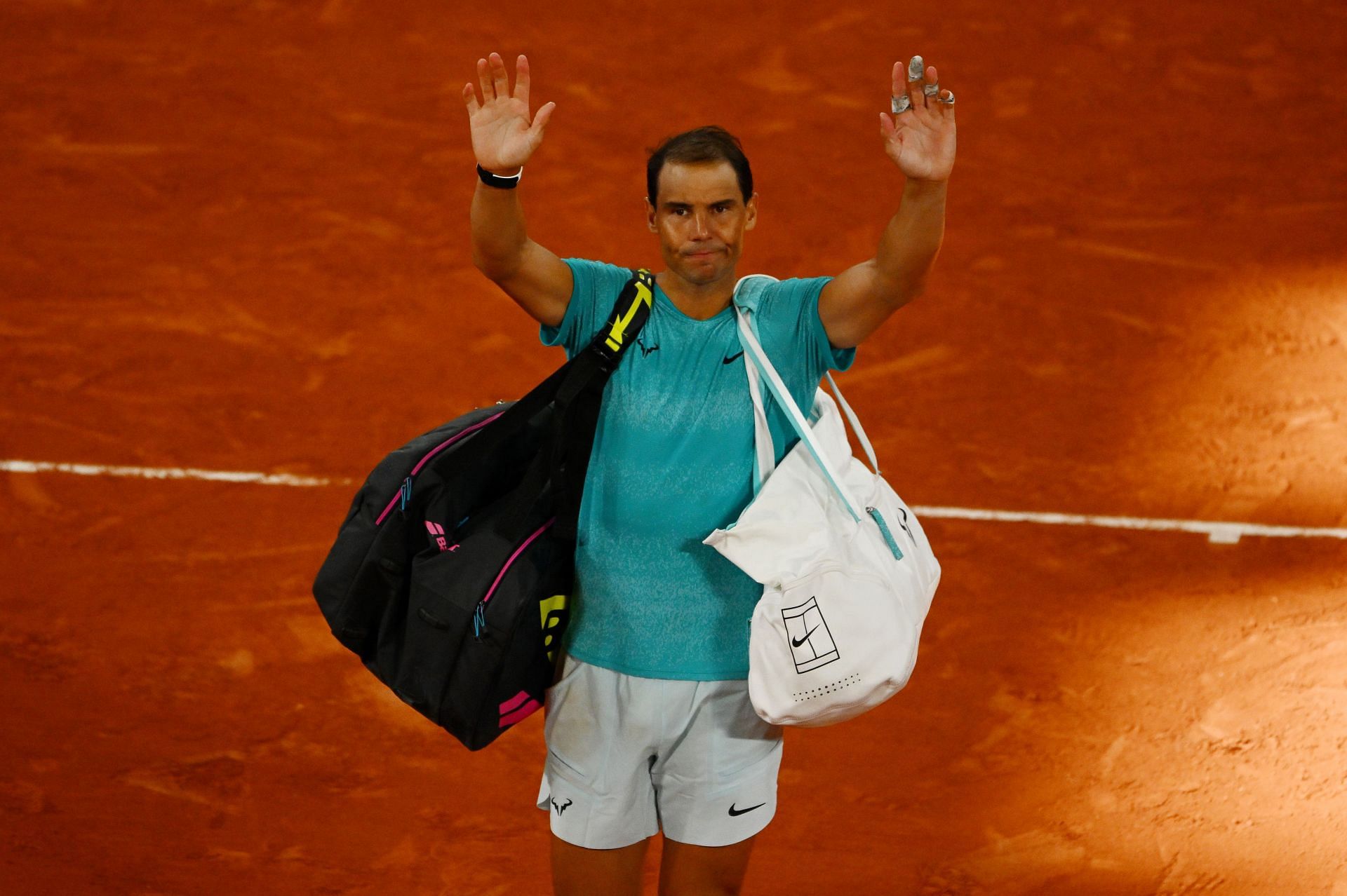 Rafael Nadal waves to the crowd at the French Open 2024 (Getty Images)