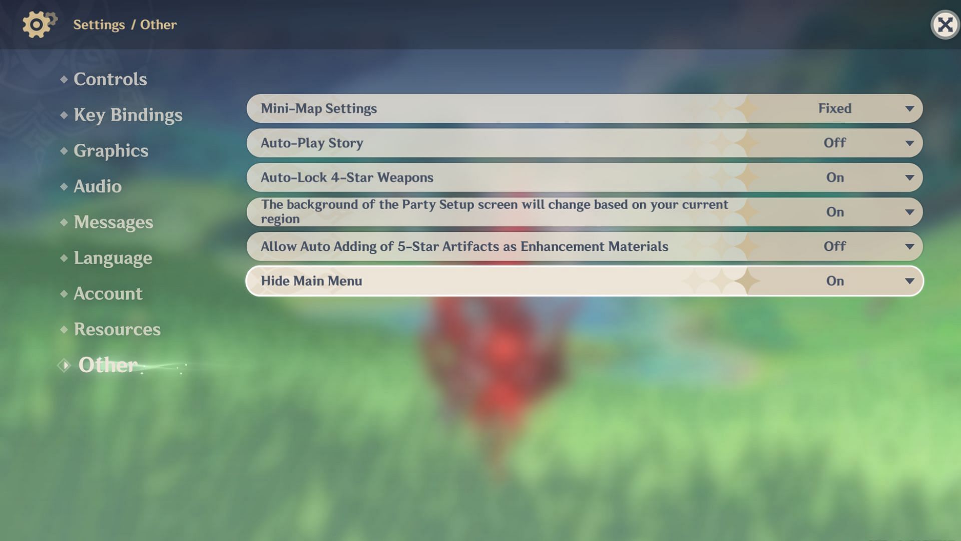 Turn On the Hide Main Menu option (Image via HoYoverse)