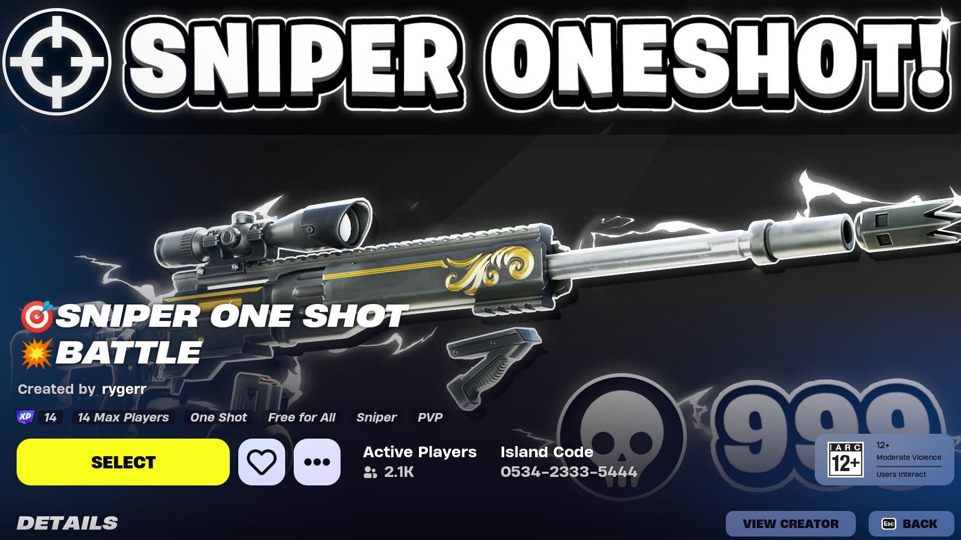 What the Fortnite Sniper One Shot Battle map looks like in the Discover menu. (Image via Epic Games)