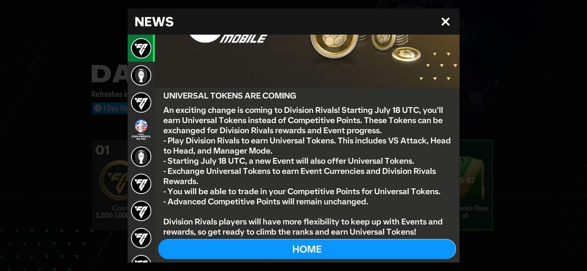 EA Sports&#039; in-game pop-up message about Universal Tokens&#039; revelation (Image via EA Sports)