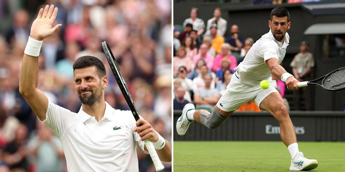 Novak Djokovic stretches to return a ball during his Wimbledon 1R win. (Source: GETTY)