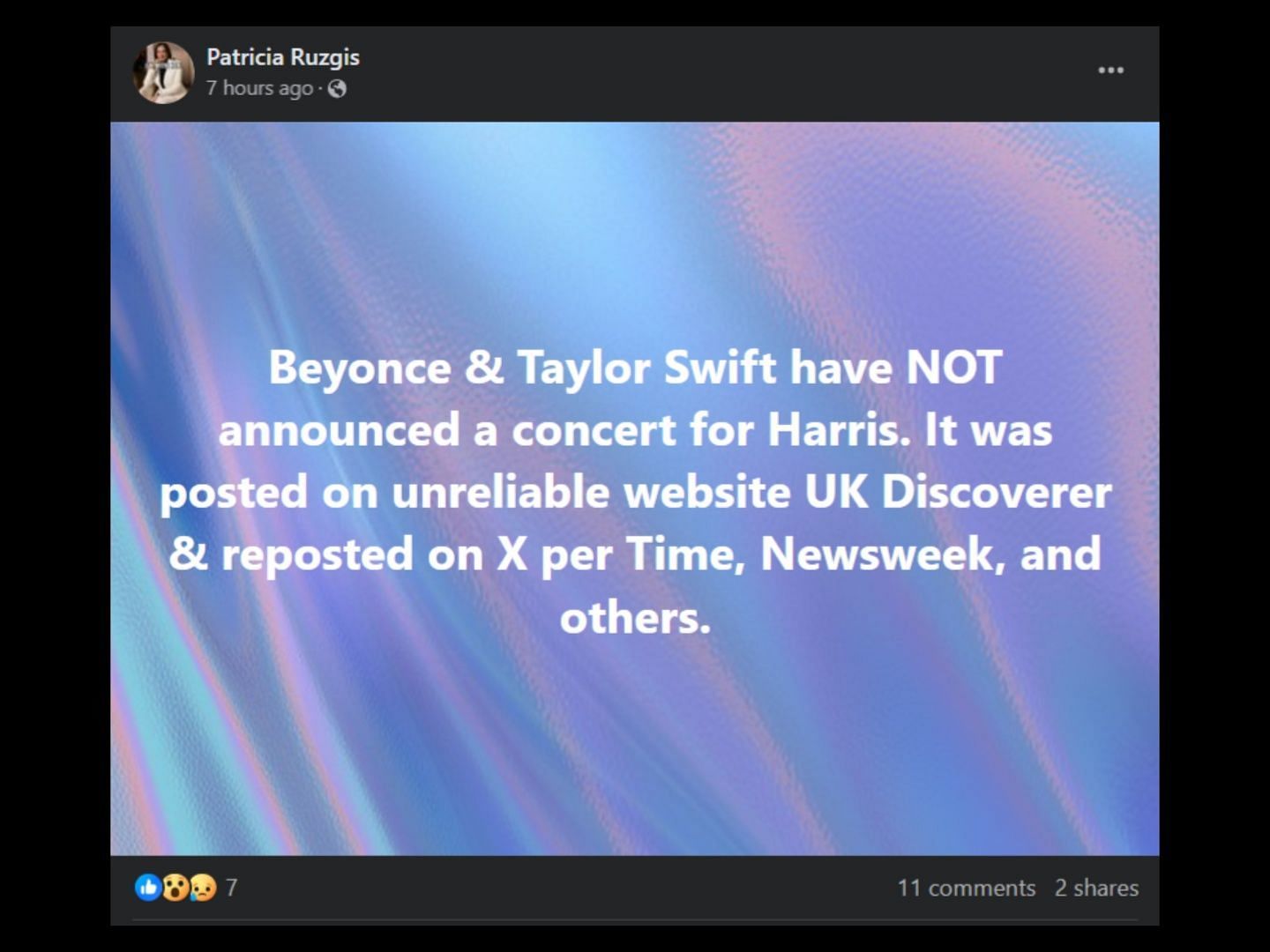 Article claiming Taylor Swift and Beyonce are set to perform at a fundraising concert for Kamala Harris has been debunked. (Image via Facebook/Patricia Ruzgis)