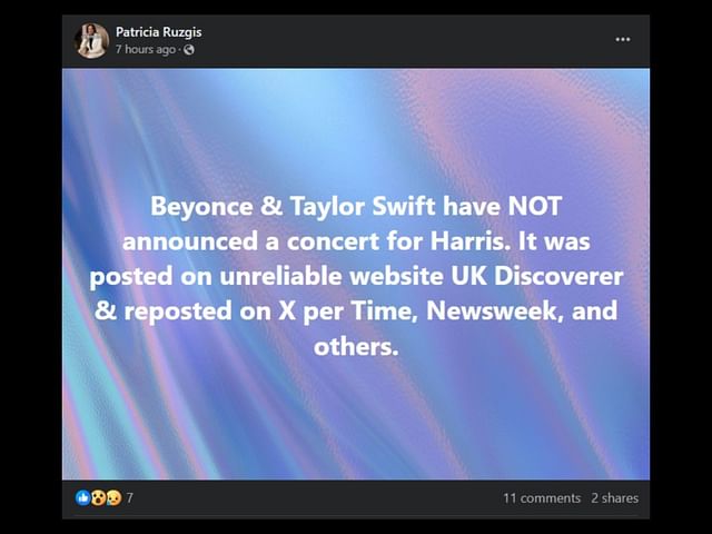 Article claiming Taylor Swift and Beyonce are set to perform at a fundraising concert for Kamala Harris has been debunked. (Image via Facebook/Patricia Ruzgis)