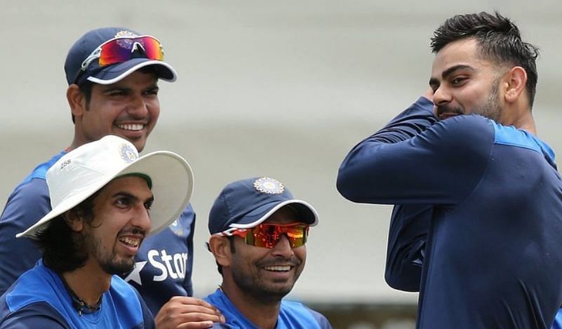 Karn Sharma with his Indian teammates Ishant Sharma, Mohammed Shami and skipper Virat Kohli during a practice session (Image Credits: Karn Sharma&#039;s Instagram)