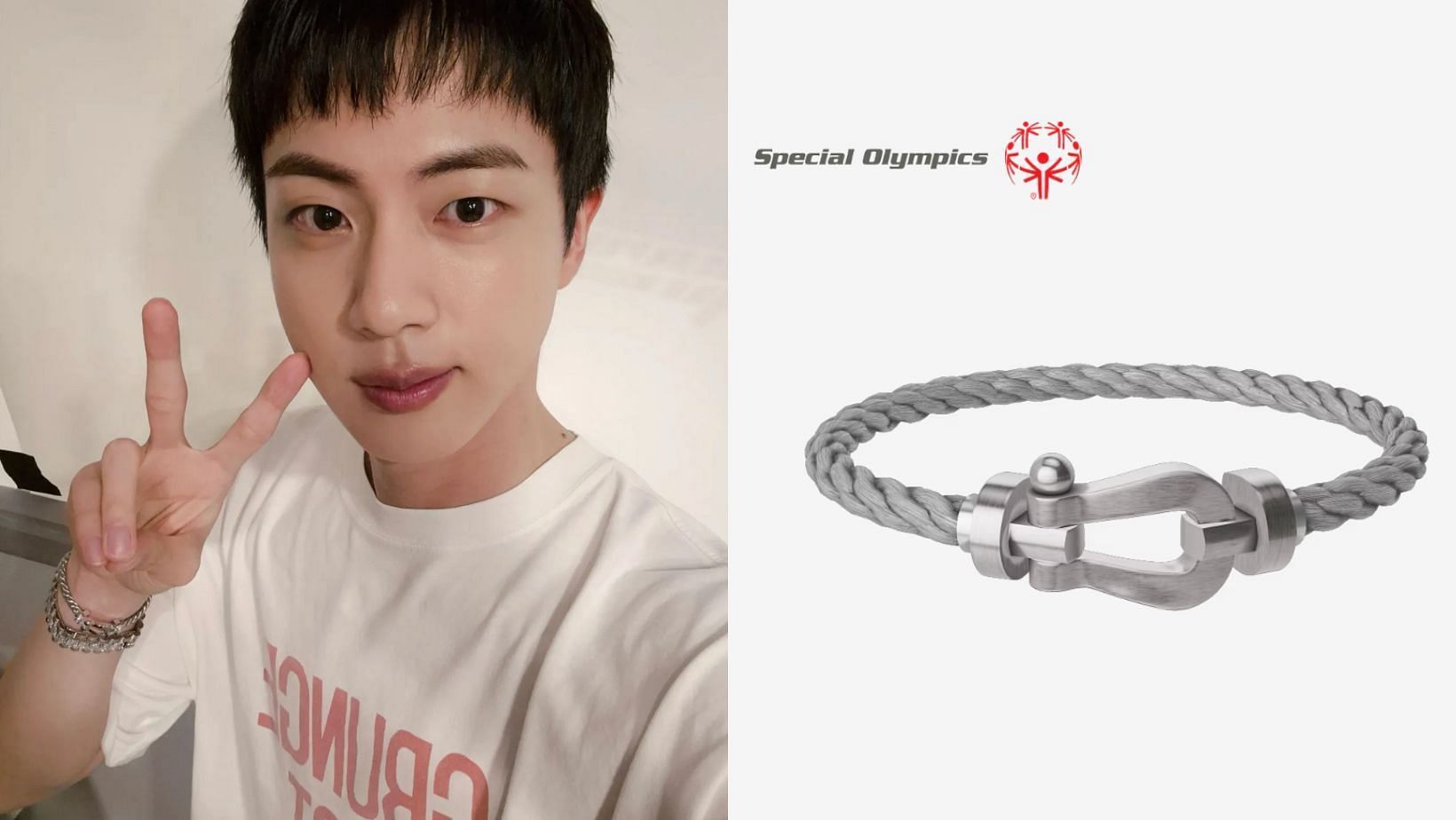 BTS&rsquo; Jin reportedly seen wearing a FRED FORCE 10 bracelet in collaboration with the Special Olympics. (Images via Instagram/@jin and fred.com)