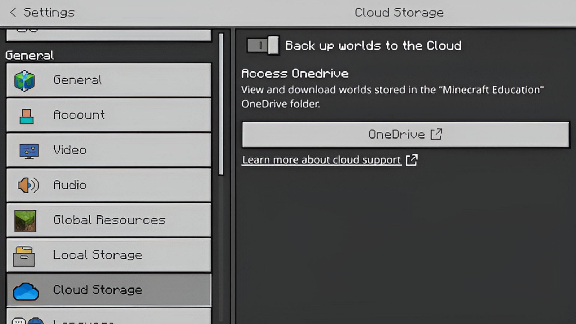 Cloud storage can be accessed in this Minecraft Education Preview via the settings and world menus (Image via Mojang)