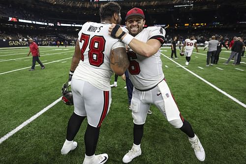 Tristan Wirfs, left; Baker Mayfield, right Tampa Bay Buccaneers vs. New Orleans Saints (Source: Getty)