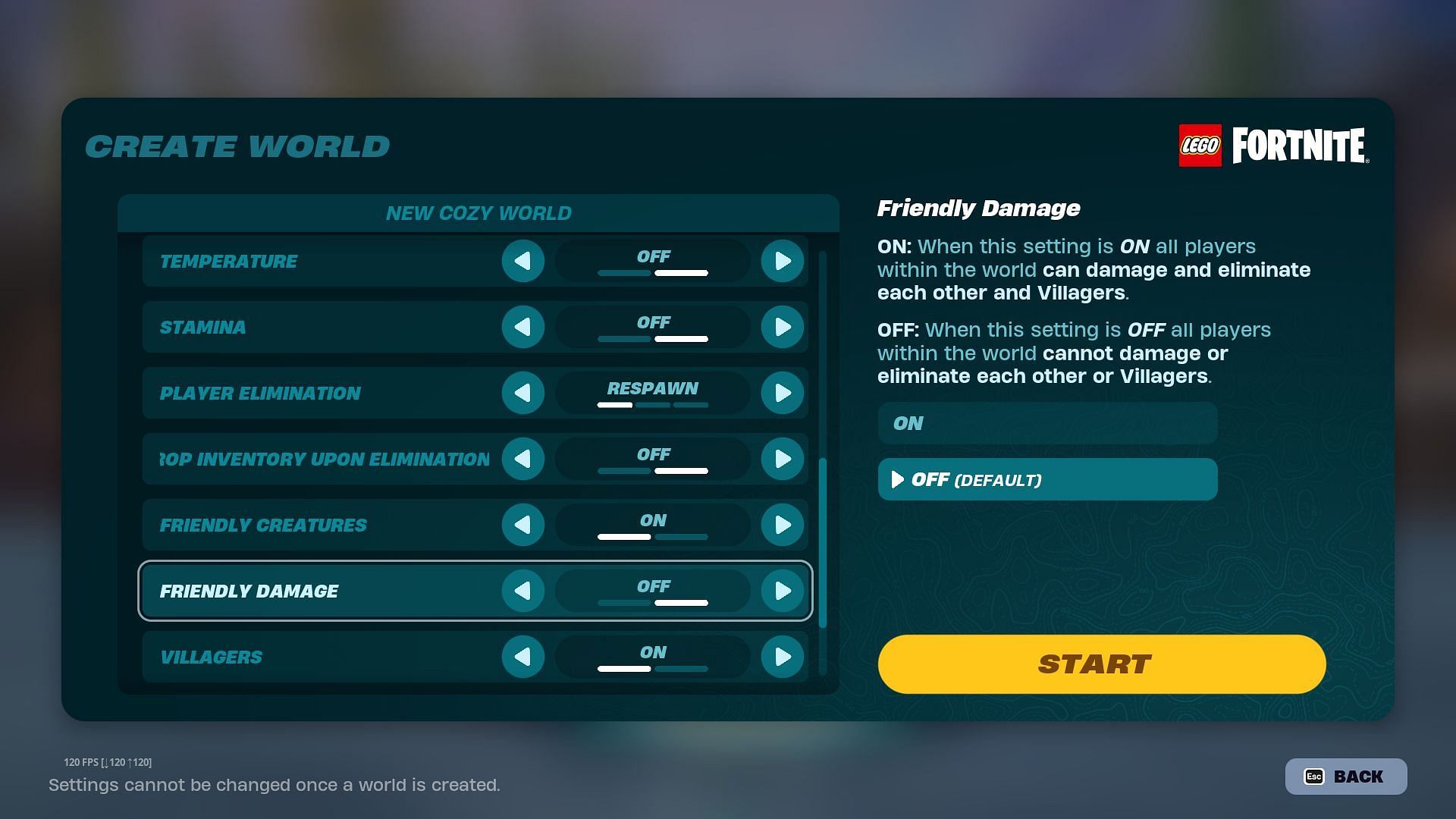 You can turn off friendly fire in LEGO Fortnite from the settings (Image via Epic Games)