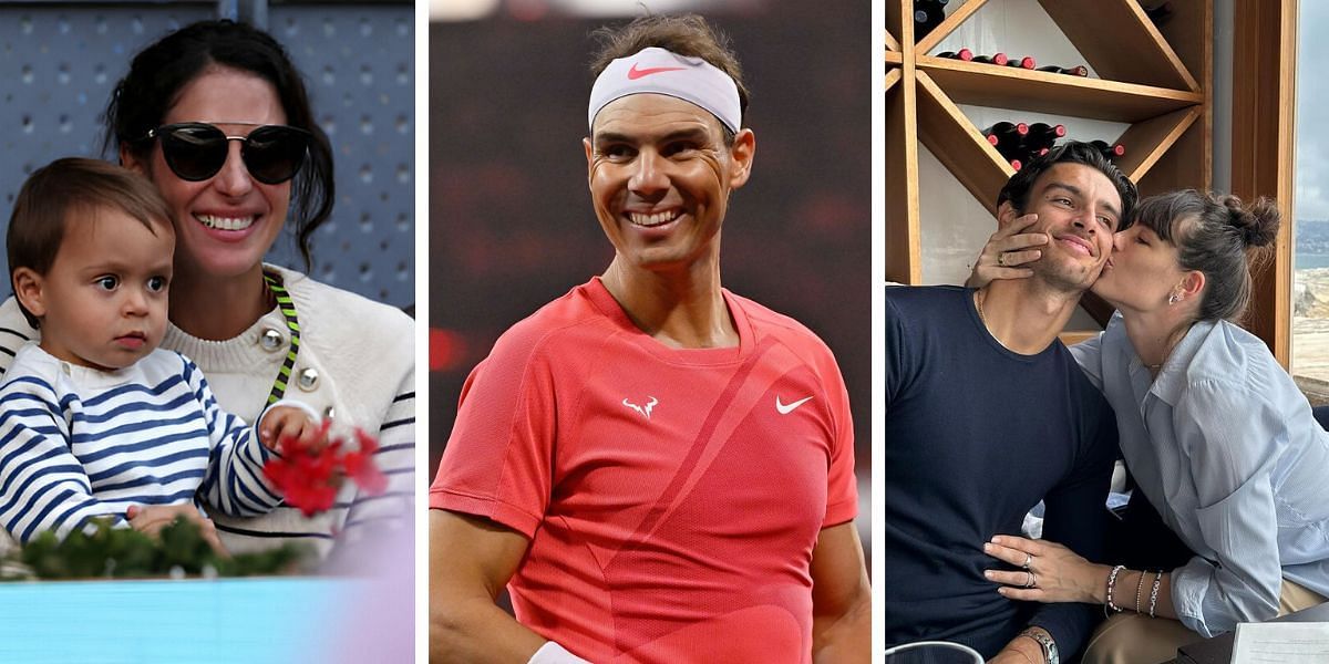 (Left to Right) Rafael Nadal and family, Lorenzo Musetti and girlfriend Veronica Confalonieri (Source: Getty Images; @veronica.confalonieri on Instagram)