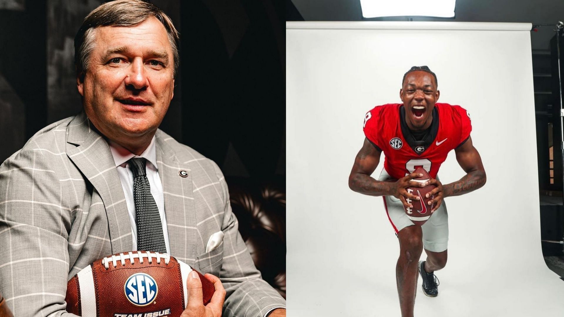 Georgia Bulldogs coach Kirby Smart and WR Rara Thomas