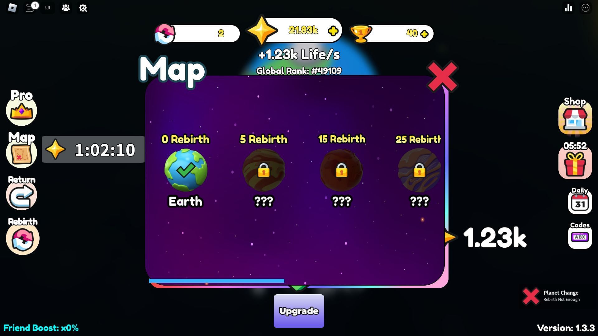 Unlock planets on the Map using Rebirths (Image via Roblox)