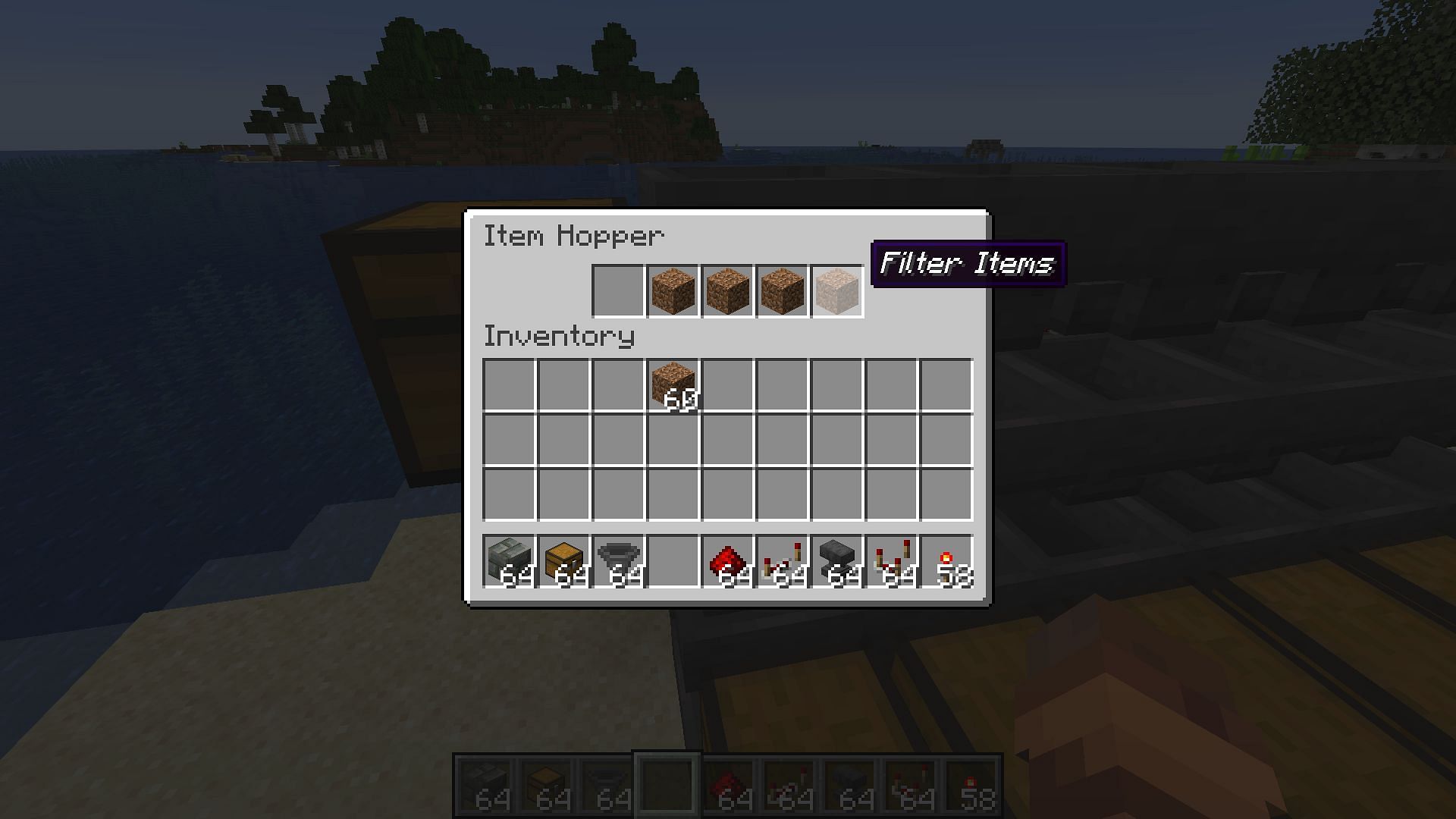 Fill up all but one spot of each hopper with filters (Image via Mojang)