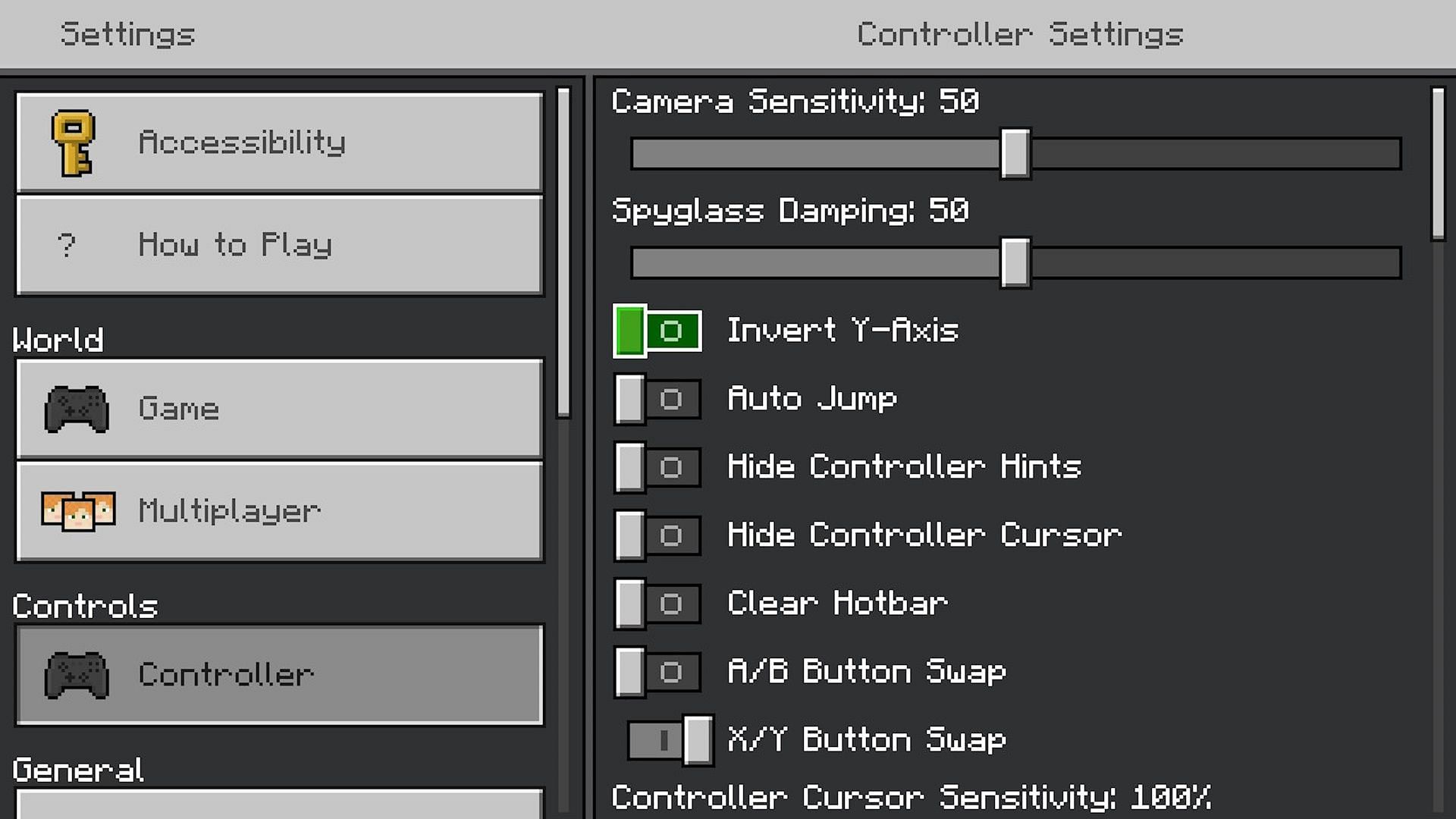 The &quot;Controller&quot; tab within the Switch settings (Image via Mojang)